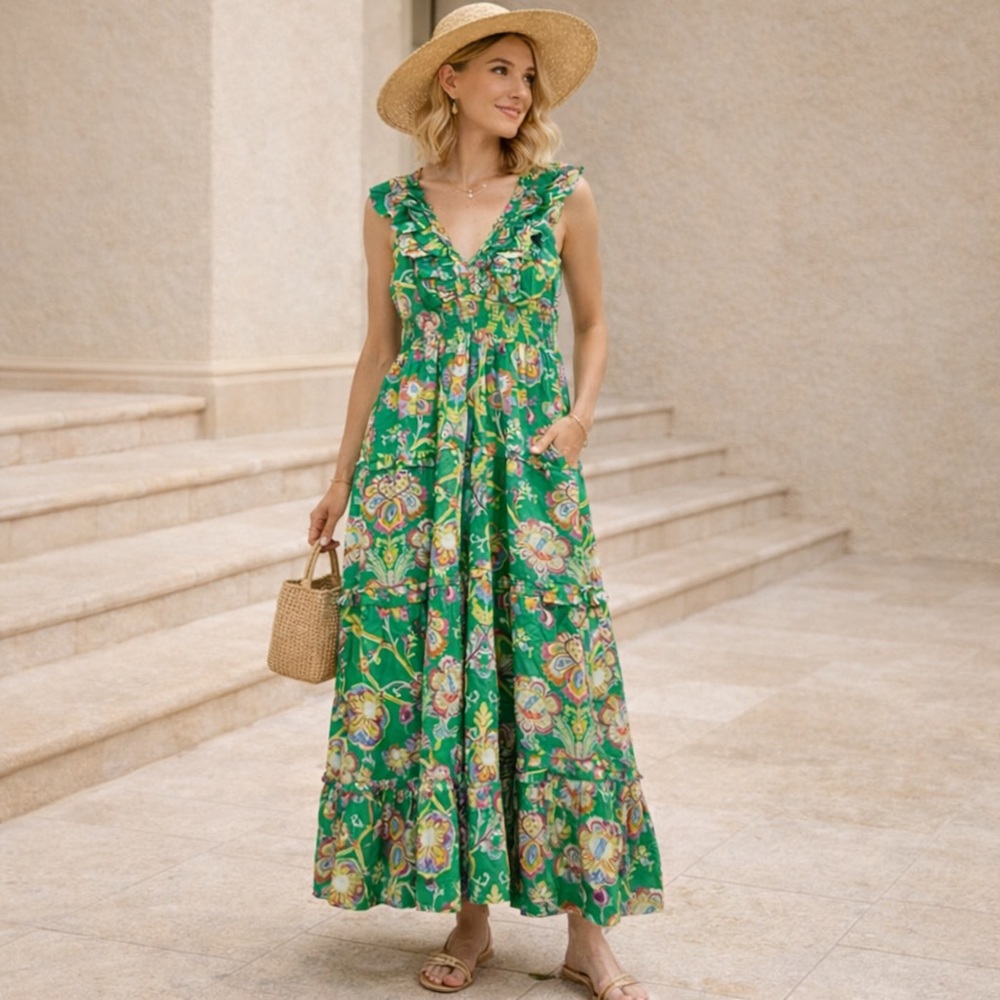 Caroline Constas Floral Tiered Maxi Dress 100% Cotton